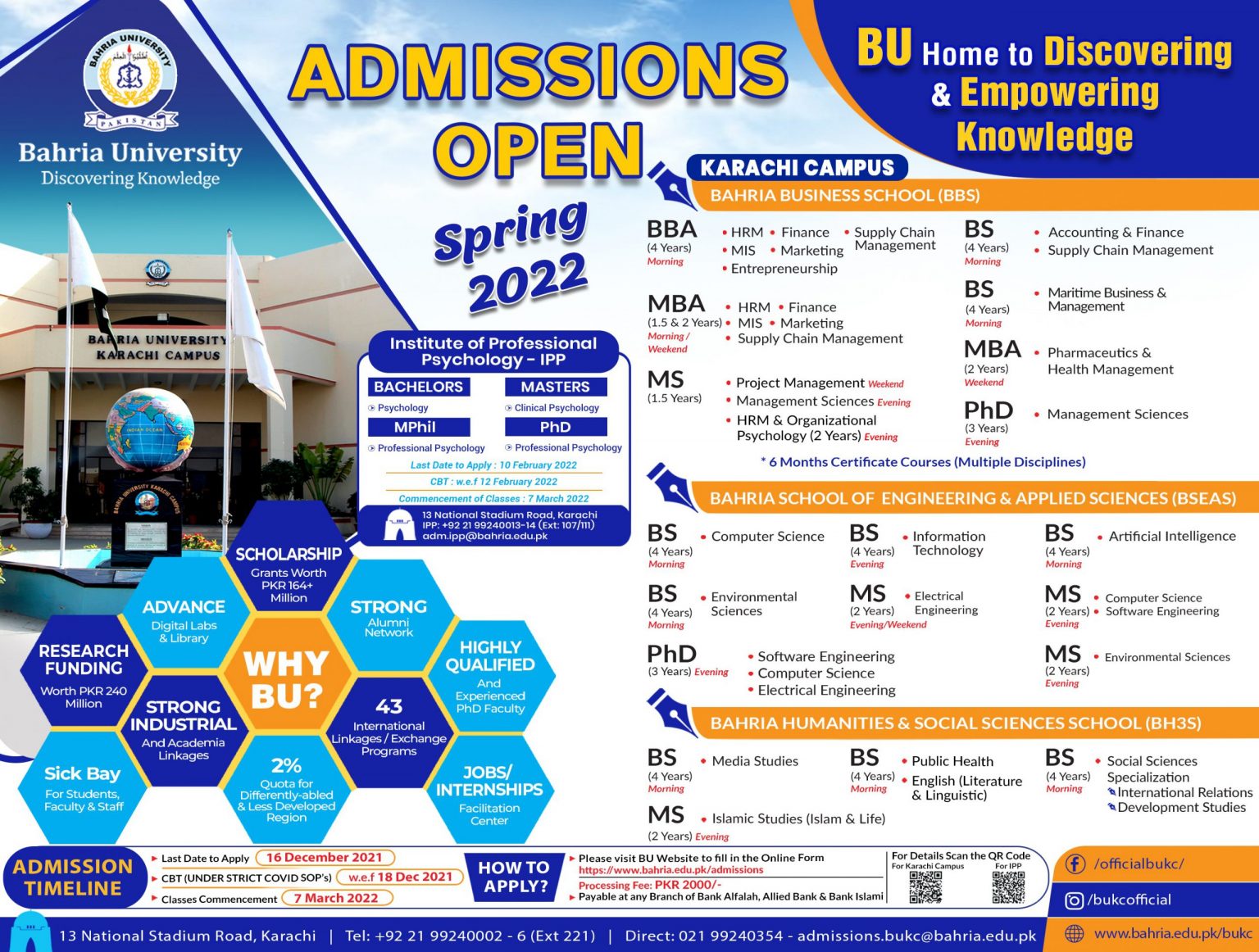 Bahria University Karachi Spring Admission 2023 BBA, BSM MBA